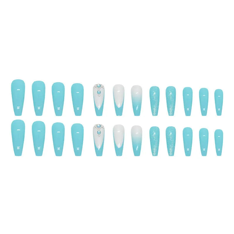 Long ballet-shaped false nail art patches in solid smart blue diamond colour with a tube of nail glue.