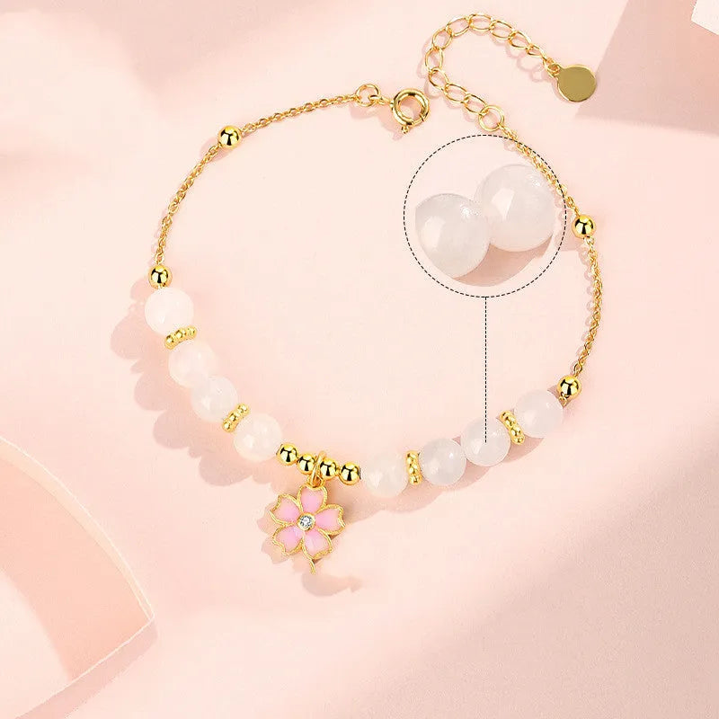 S925 silver bracelet with gradient pink cherry blossom epoxy pendant and Hetian jade beads