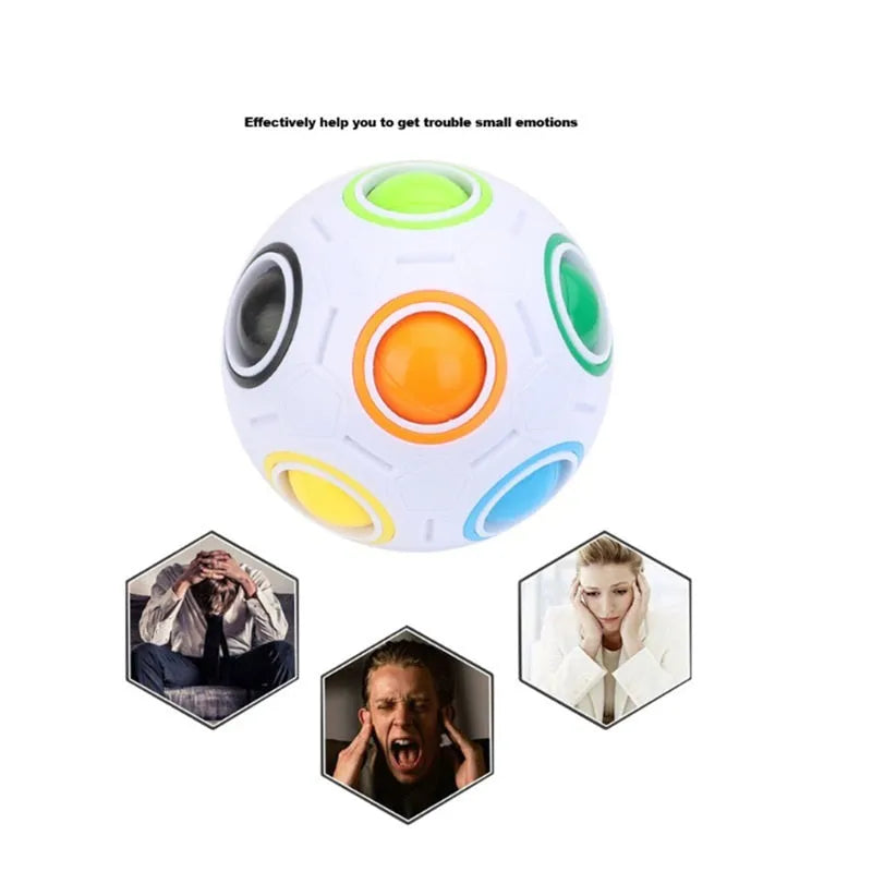 7cm rainbow coloured plastic puzzle ball with visible holes and movable balls