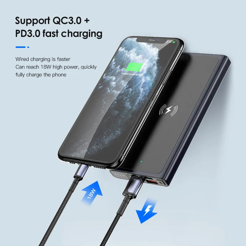 Black and blue square aluminium 10000mAh power bank with wireless charging function
