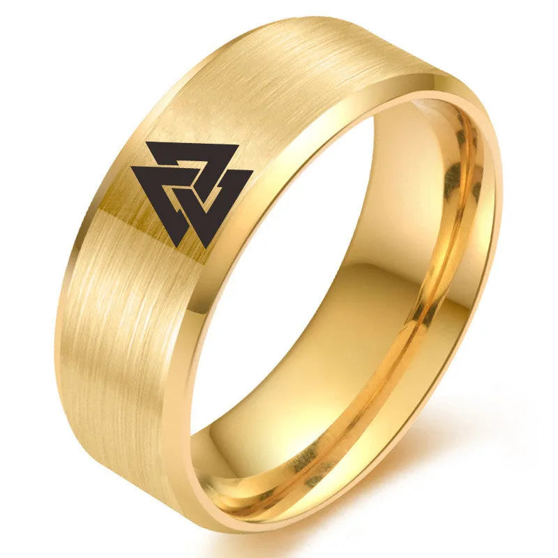 Stainless steel Viking Odin symbol ring, 8mm wide band, in blue, black, steel, gold, or rose gold, sizes 6-13.