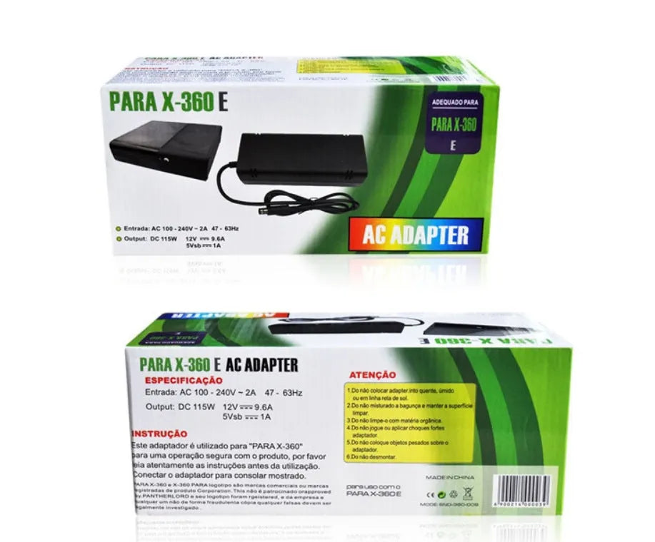 Black Xbox 360 E AC power adapter with detachable cable and UK/EU/US plug options