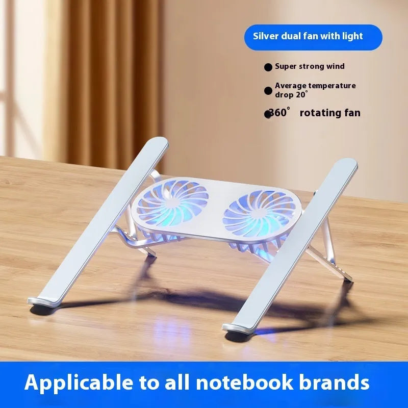 Silver aluminium laptop cooling stand with twin fans and adjustable height, shown folded next to storage bag and USB cable.