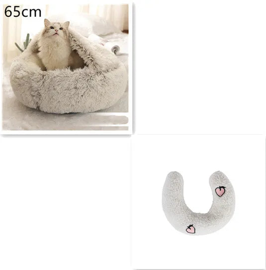 2 in 1 round plush pet bed with PP cotton filling for dogs and cats, available in brown, 65cm size