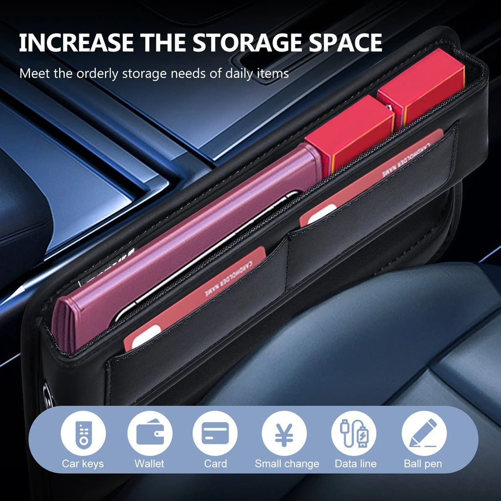 Black PU leather car seat gap storage organiser with data cable hole, placed between seat and central console