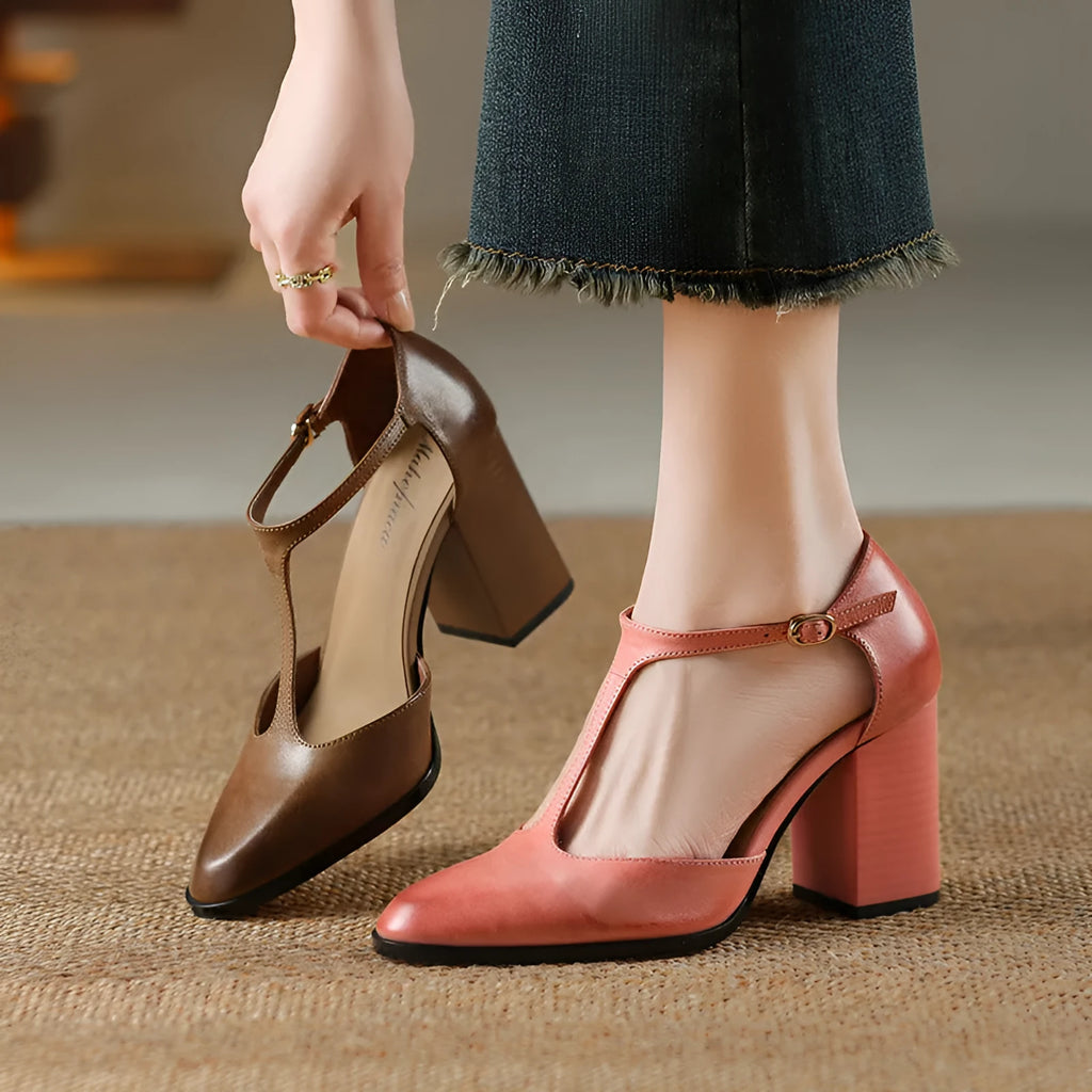 Women's dark brown retro pointed toe Mary Jane shoes with a buckle fastening on a cowhide leather upper.