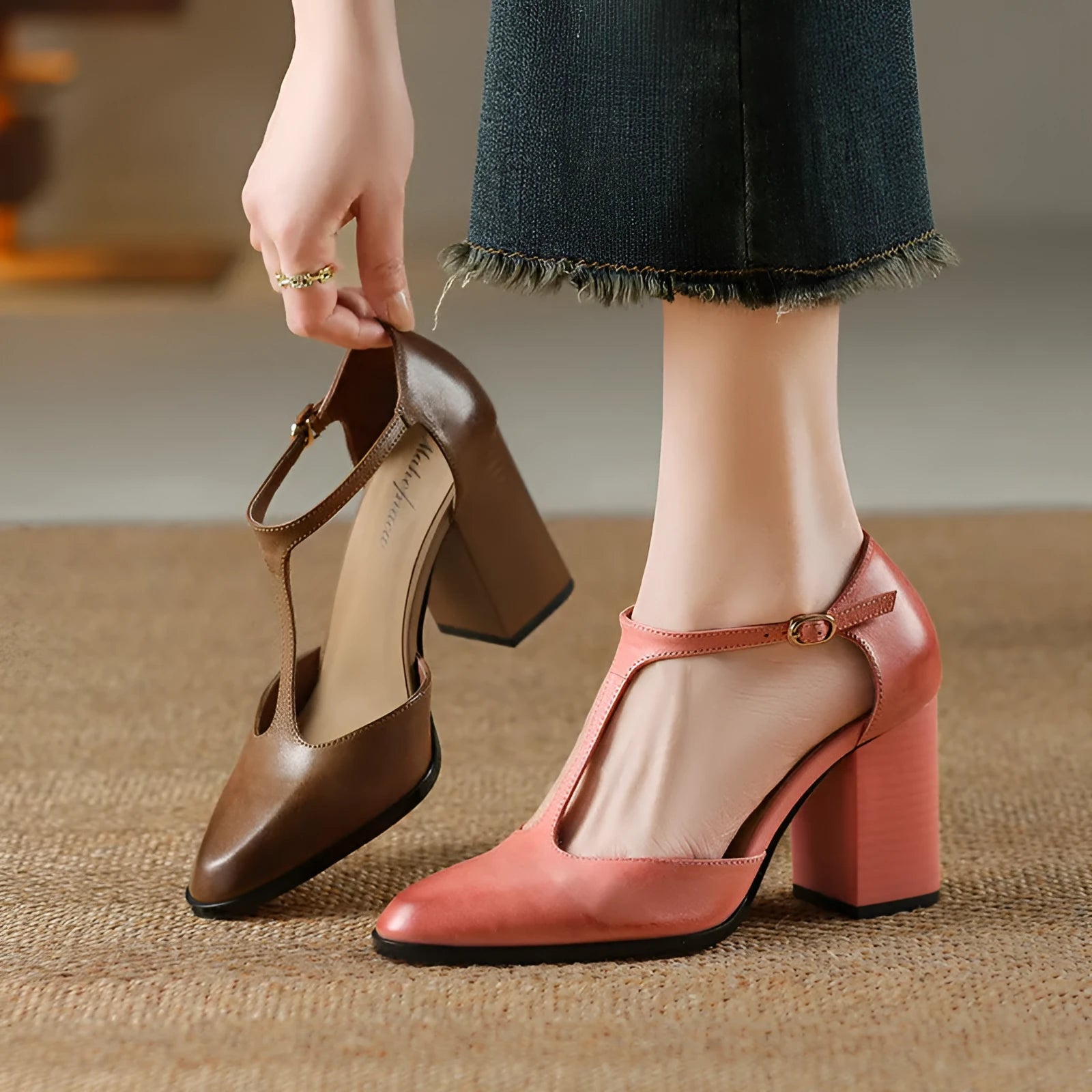 Women's dark brown retro pointed toe Mary Jane shoes with a buckle fastening on a cowhide leather upper.
