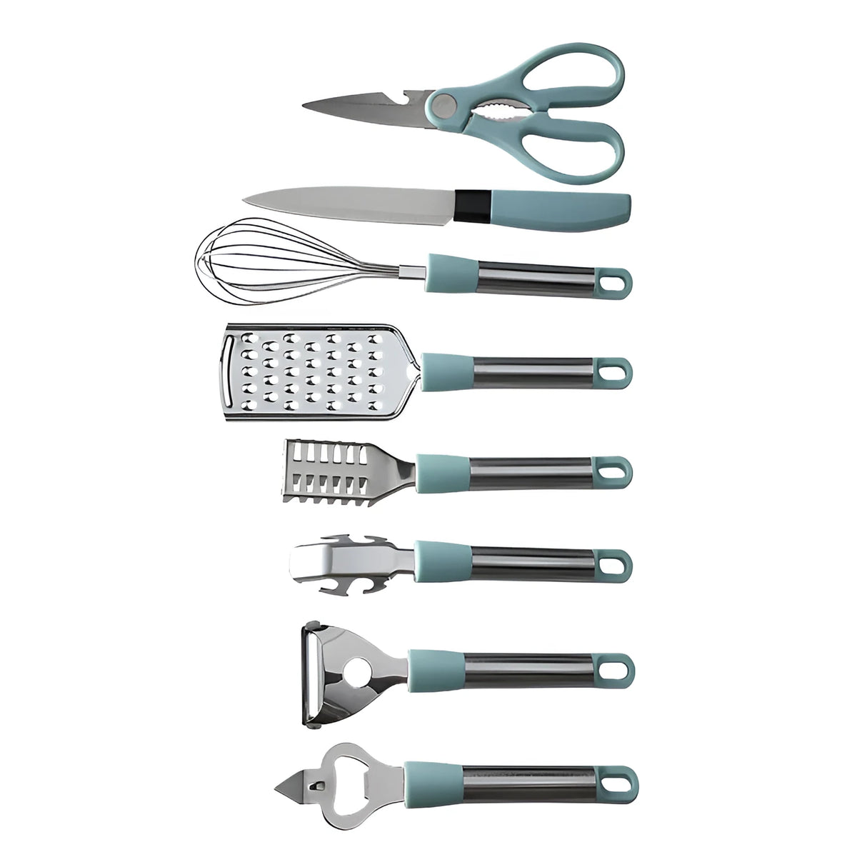 Stainless steel kitchen gadgets set with whisk, peeler, scissors, and fruit knife on grey tray