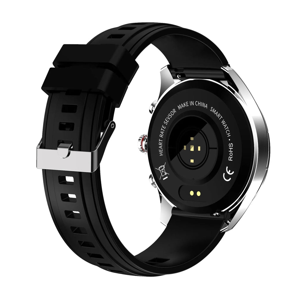 Men's black smart bracelet watch with zinc alloy screen and silicone wristband on a wrist.
