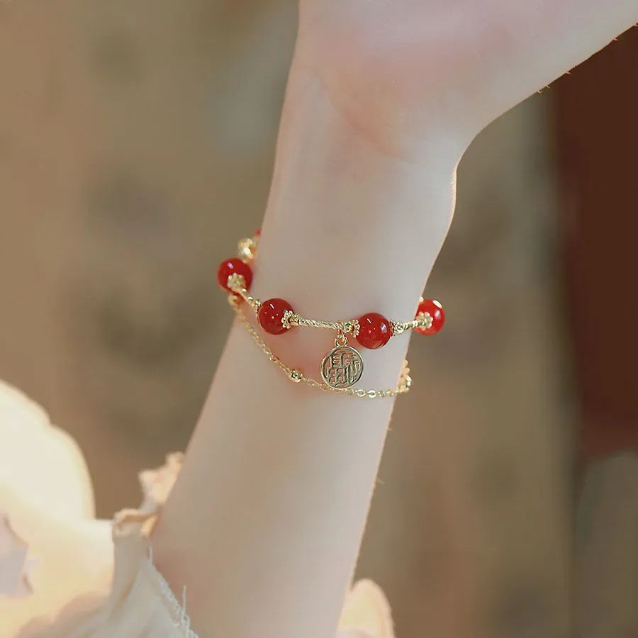 Red agate and alloy double-layer bracelet with animal modelling and square pattern design in gift box