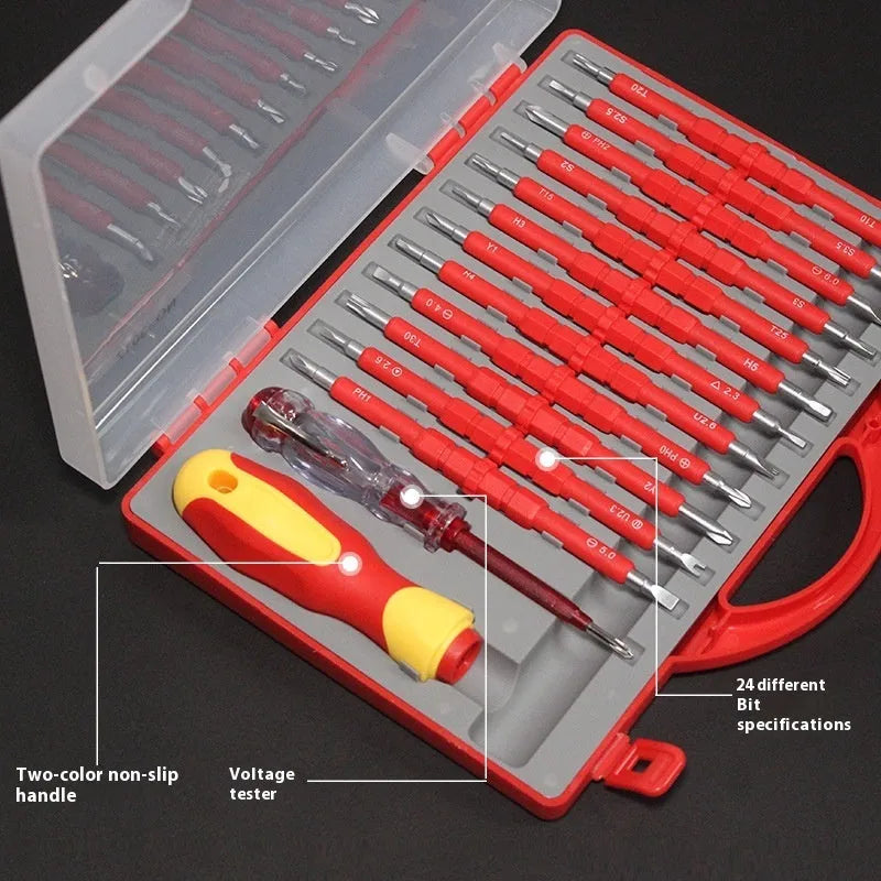 26-in-1 electrician screwdriver set with Cr-V steel bits, plastic handle, red colour