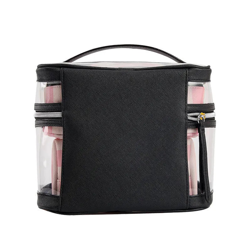 Pink bold stripes floral pattern waterproof synthetic leather foldable makeup bag with nylon lining