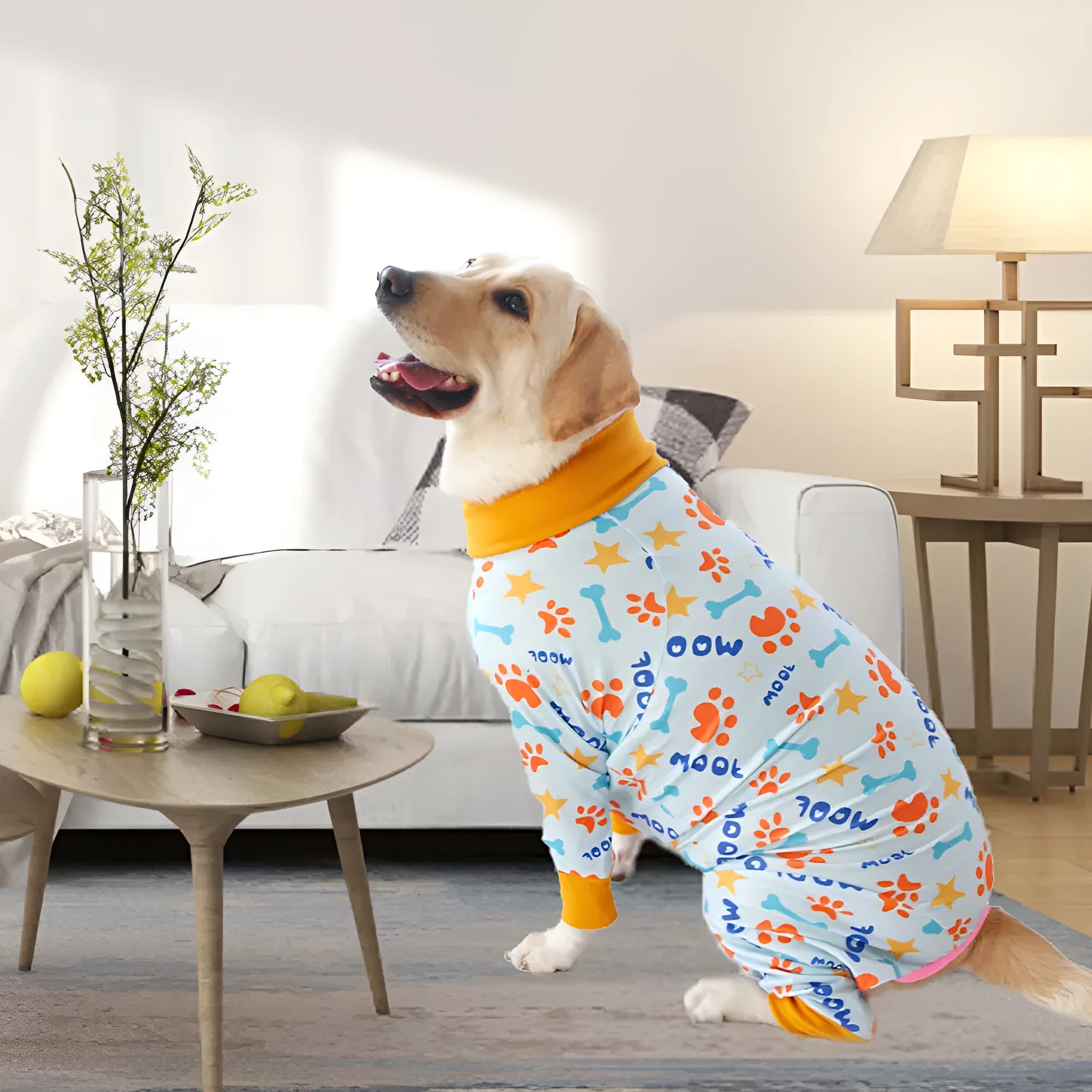 Cotton dog jumpsuit pet clothing in four-legged design showing size options 26-38cm
