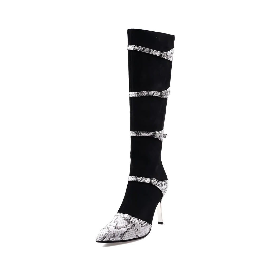 Women's grey knee-high stiletto boots with a 9cm heel and velvet lining.