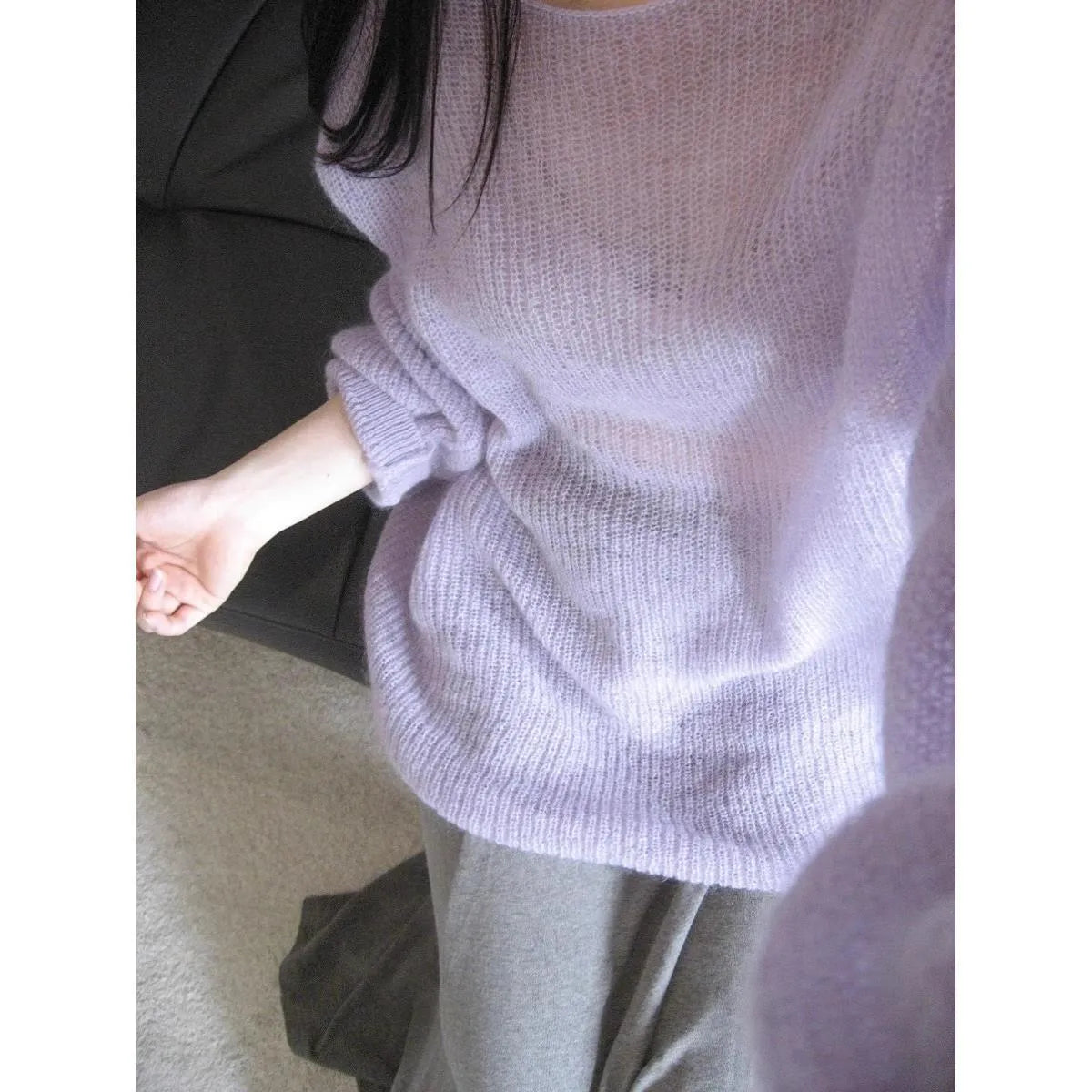 Women's purple ice silk blouse with hollow-out design and princess sleeves, loose fit pullover.