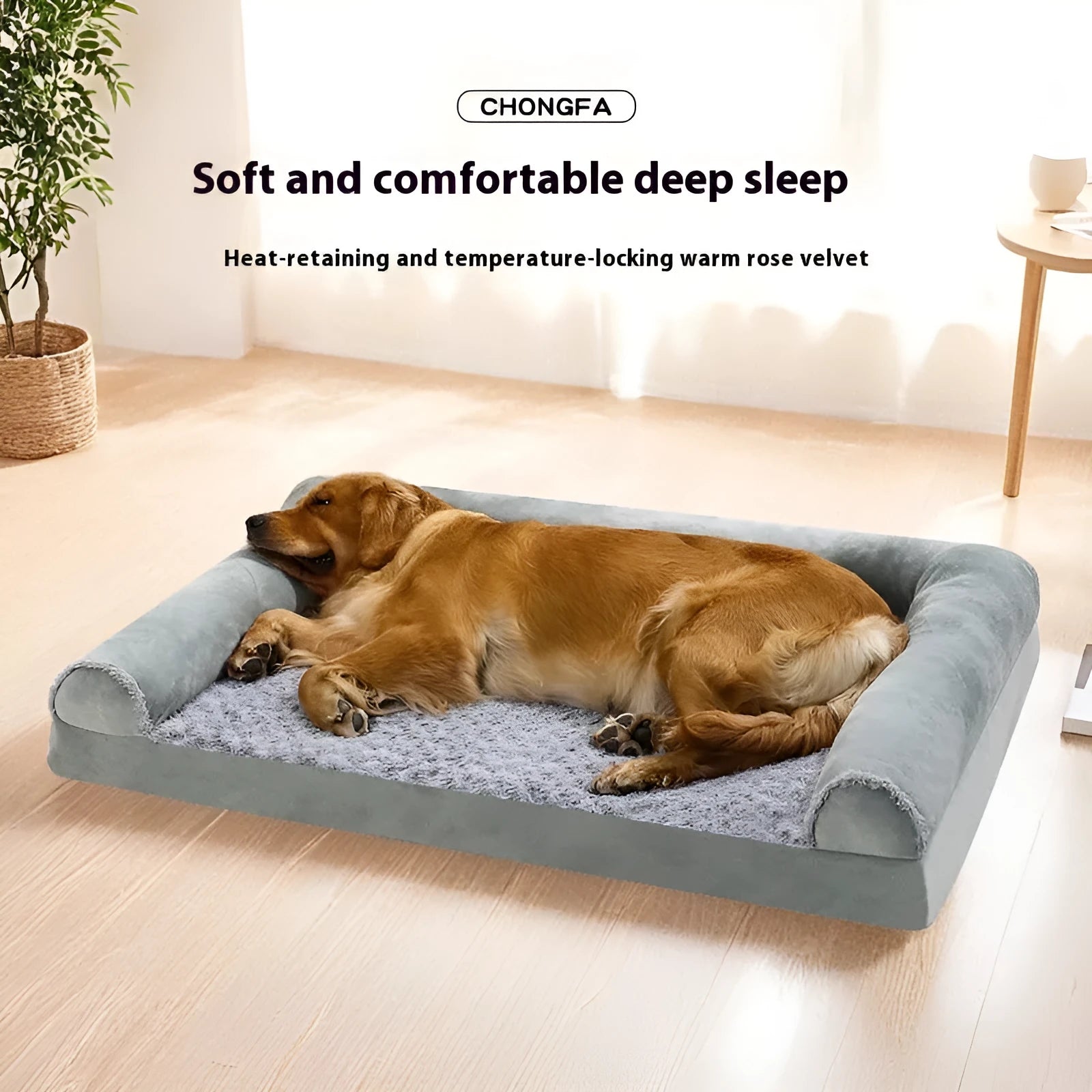 Light grey soft-sided foldable dog kennel crate shown with size dimensions.