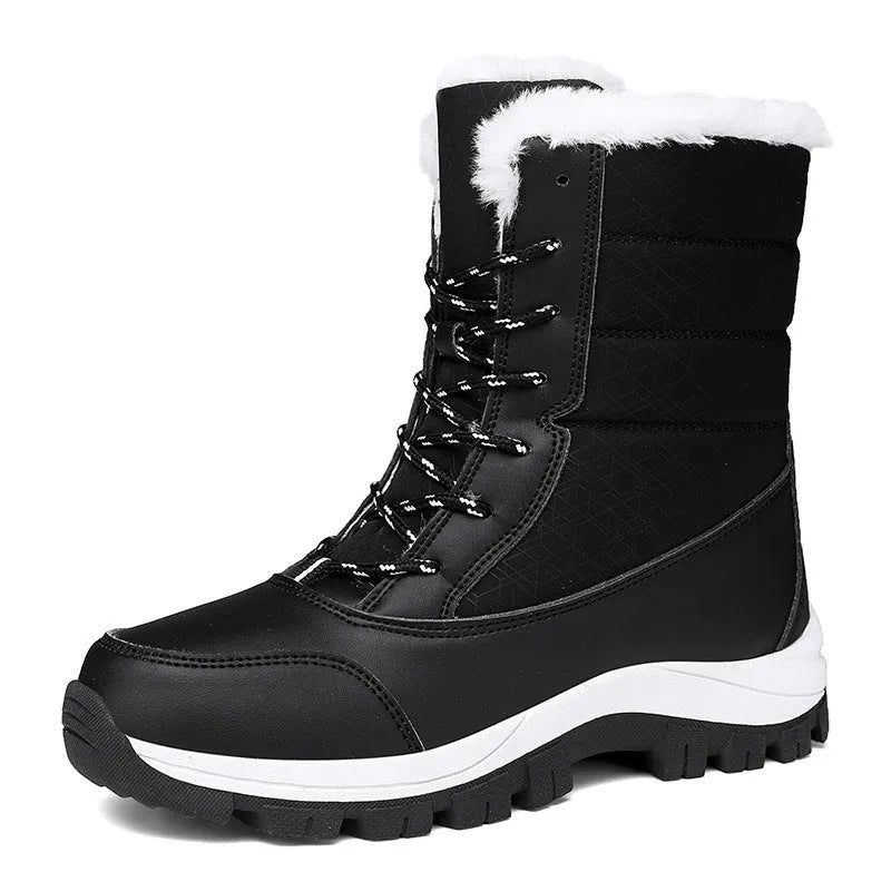 Women's fleece lined padded winter snow boots in black with rubber sole and front lace-up