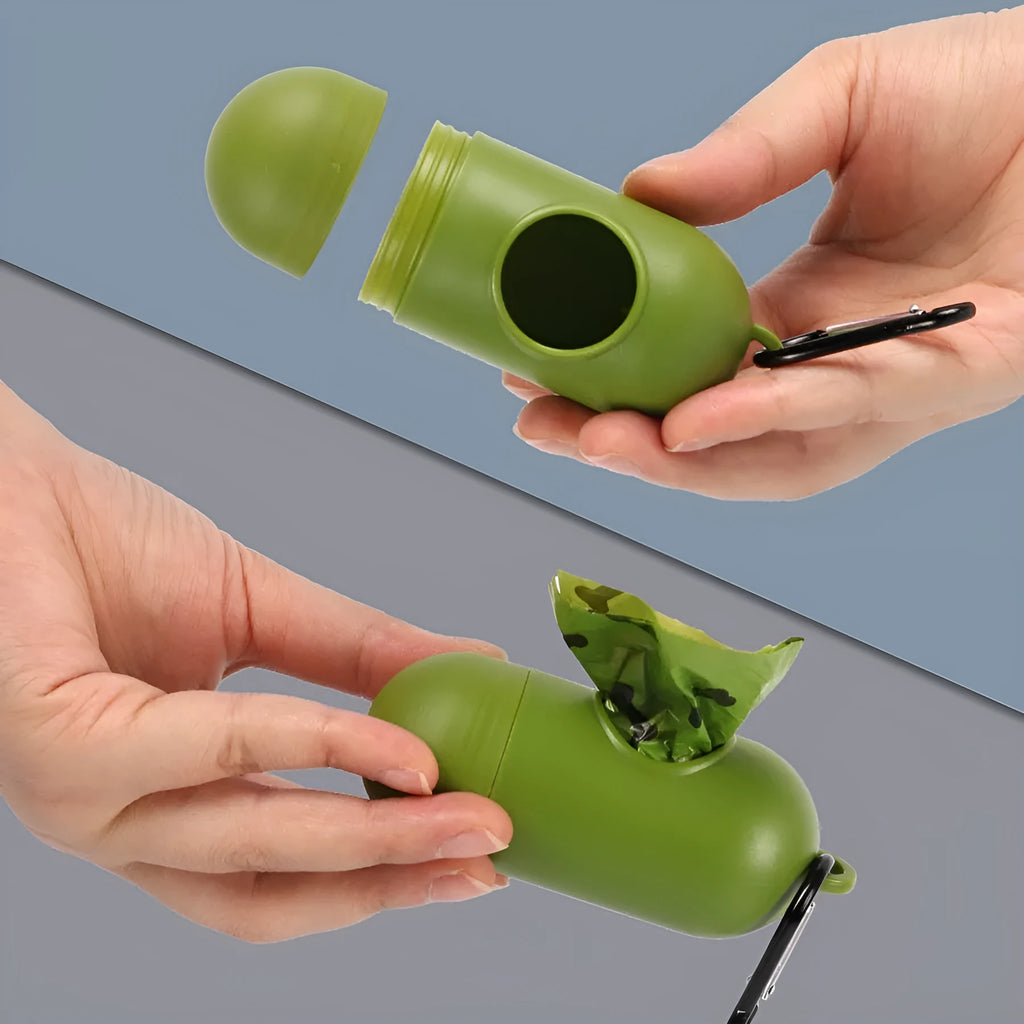 Military green degradable dog poop bags with black bone print showing roll format and dimensions