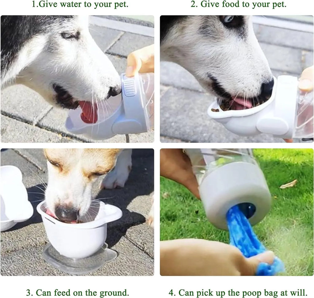 Green 3-in-1 portable pet water bottle with food container and waste bag dispenser, held by its strap.