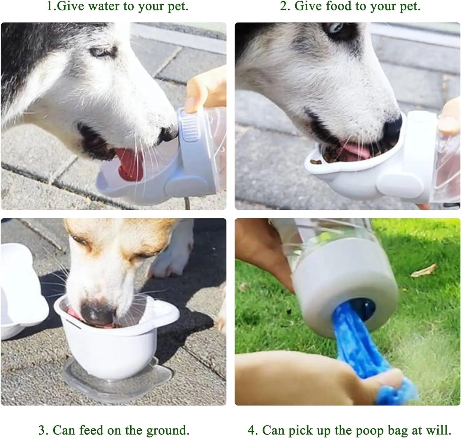 Green 3-in-1 portable pet water bottle with food container and waste bag dispenser, held by its strap.