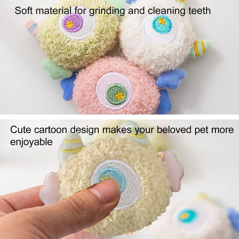 Cartoon plush dog chew toy with squeaker in grey green pink white or yellow colours