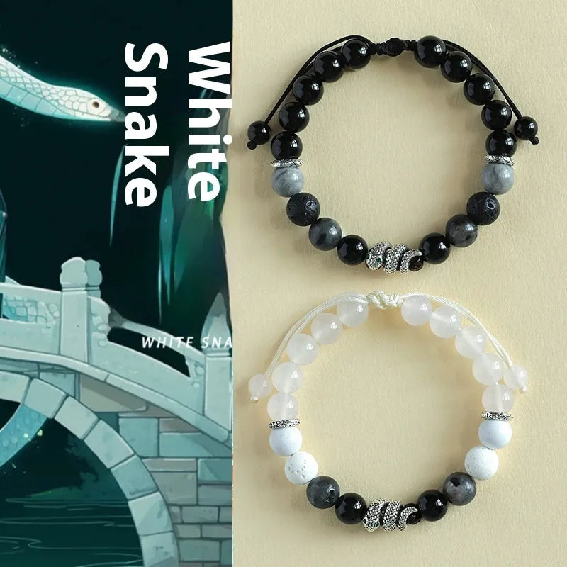 Black and white agate couple bracelets with blessing snake design and glitter accents