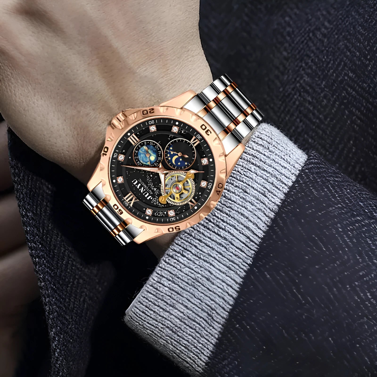 Men's waterproof automatic mechanical watch with luminous hands on a wrist, showing rose gold and silver case options.
