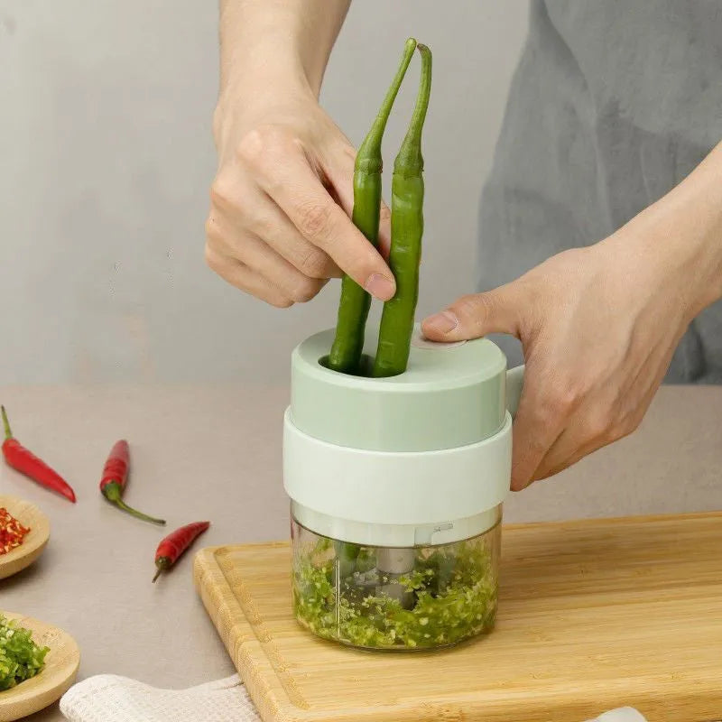 Wireless electric garlic masher, plastic vegetable chopper with slicer combo and Type-C cable