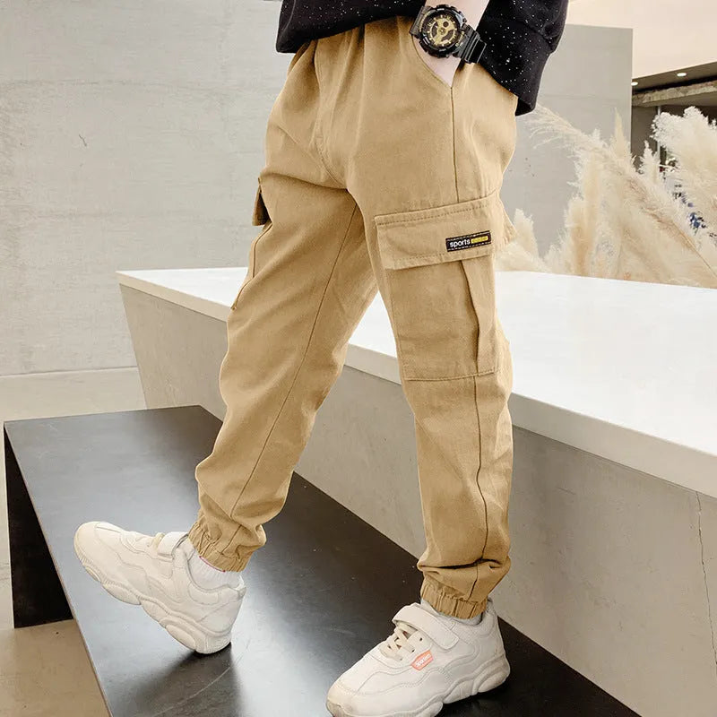 Boys' cotton summer trousers in army green, available in sizes 110cm to 170cm with closed-crotch design