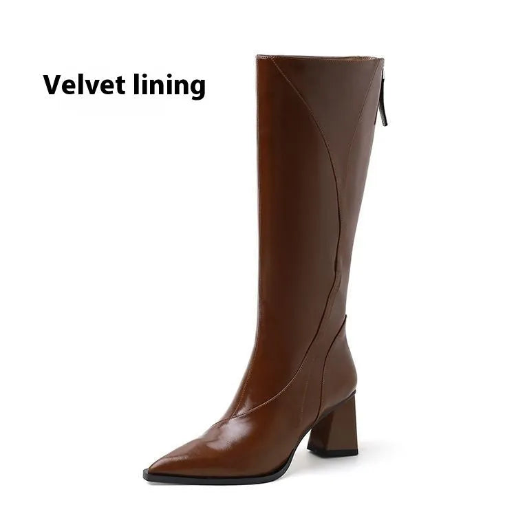 Retro Maillard women's high heel riding boots in black, brown, or wine red with waterproof platform soles