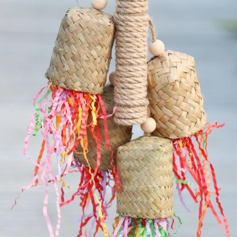 35cm colourful shredded paper bird toy hanging with wood and sisal construction for parrot cages