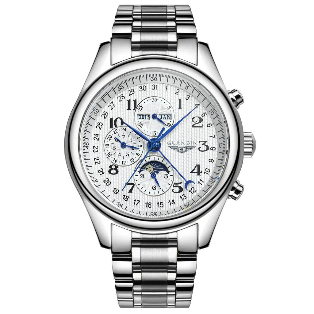 Men's mechanical perpetual calendar watch with leather strap showing moon phase and calendar displays