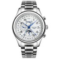 Men's mechanical perpetual calendar watch with leather strap showing moon phase and calendar displays