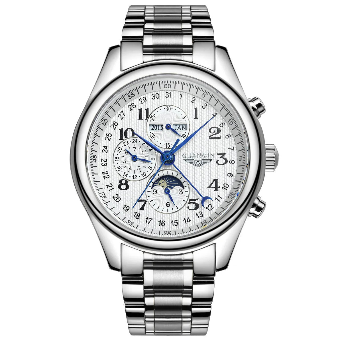 Men's mechanical perpetual calendar watch with leather strap showing moon phase and calendar displays