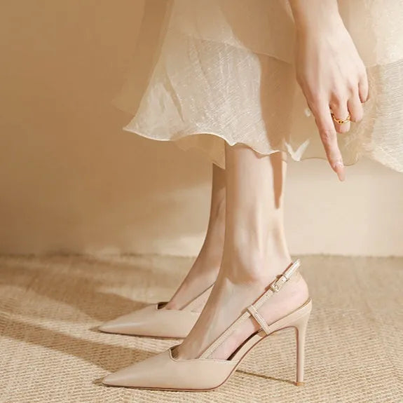 Apricot women's high-heeled sandals with buckle toe closure and thin belt design