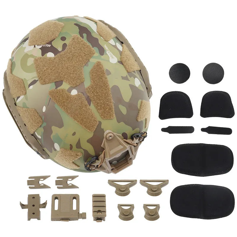 FAST SF full protection tactical helmet in engineering plastic, 27 x 22.5 x 16 cm, shown in black and camouflage colour options