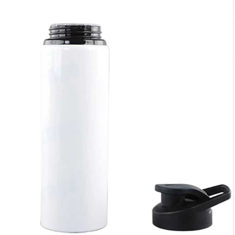 White aluminium sports water bottle for cycling and outdoor activities showing 600ml and 750ml size options.