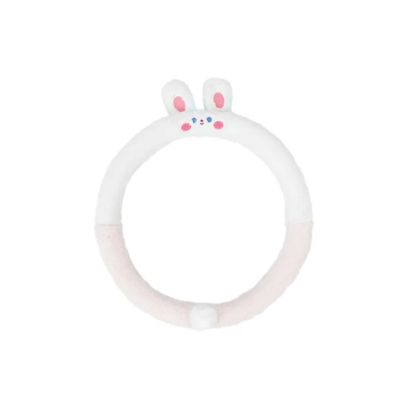 Plush cartoon animal embroidered thermal steering wheel cover for winter, shown fitted on a 38cm car steering wheel.