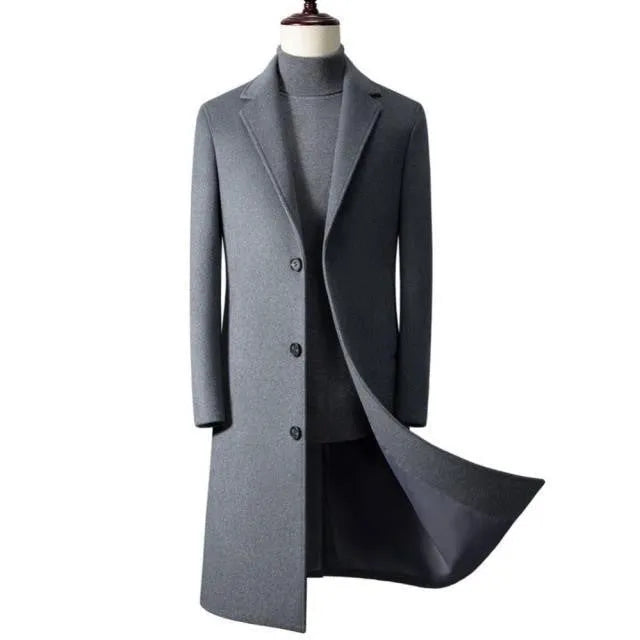 Men's slim fit wool trench coat in black, Korean business style, front view