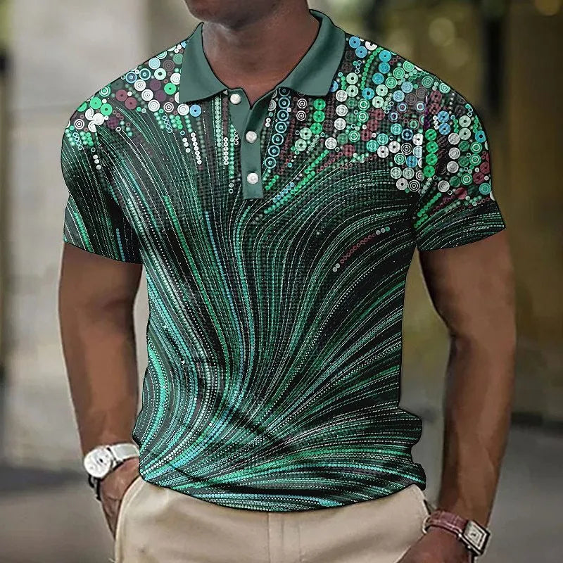 Men's asymmetric striped short sleeve button shirt in geometric pattern cotton blend fabric