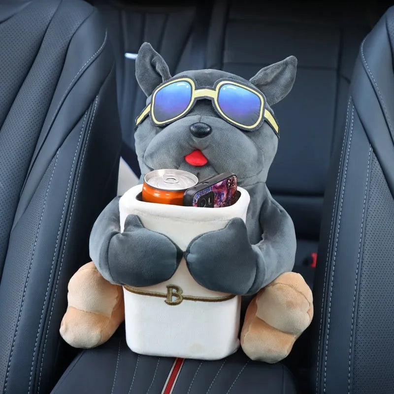 Plush car armrest tissue box cover with dog design options measuring 27 by 33 centimetres