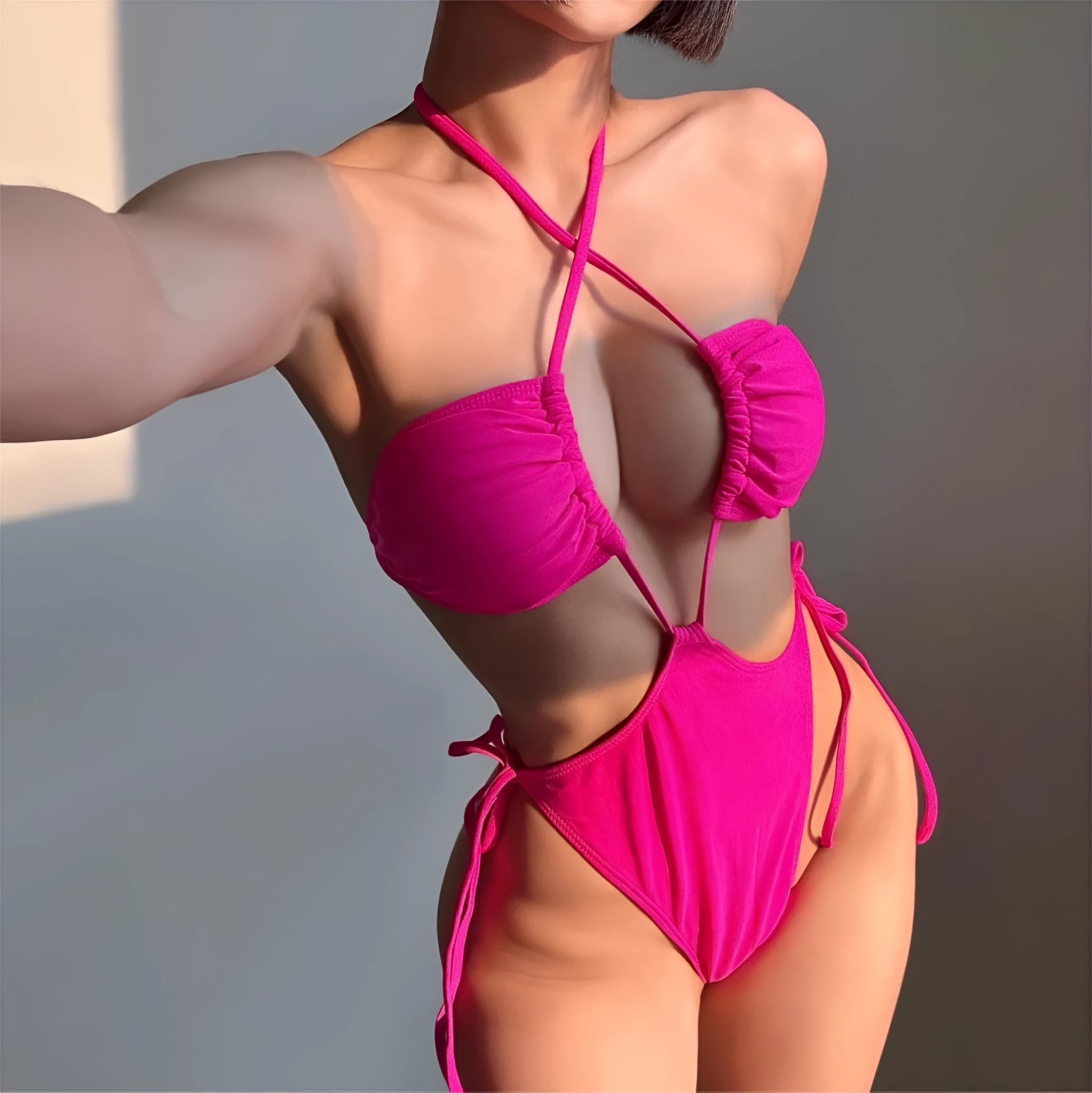 Women's adjustable drawstring one-piece swimsuit in nylon fabric available in eight solid colours