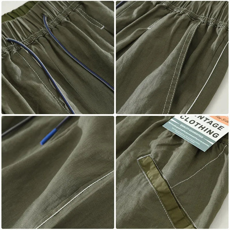 Men's linen shorts in straight drooping style with drawstring waist in black or green colour