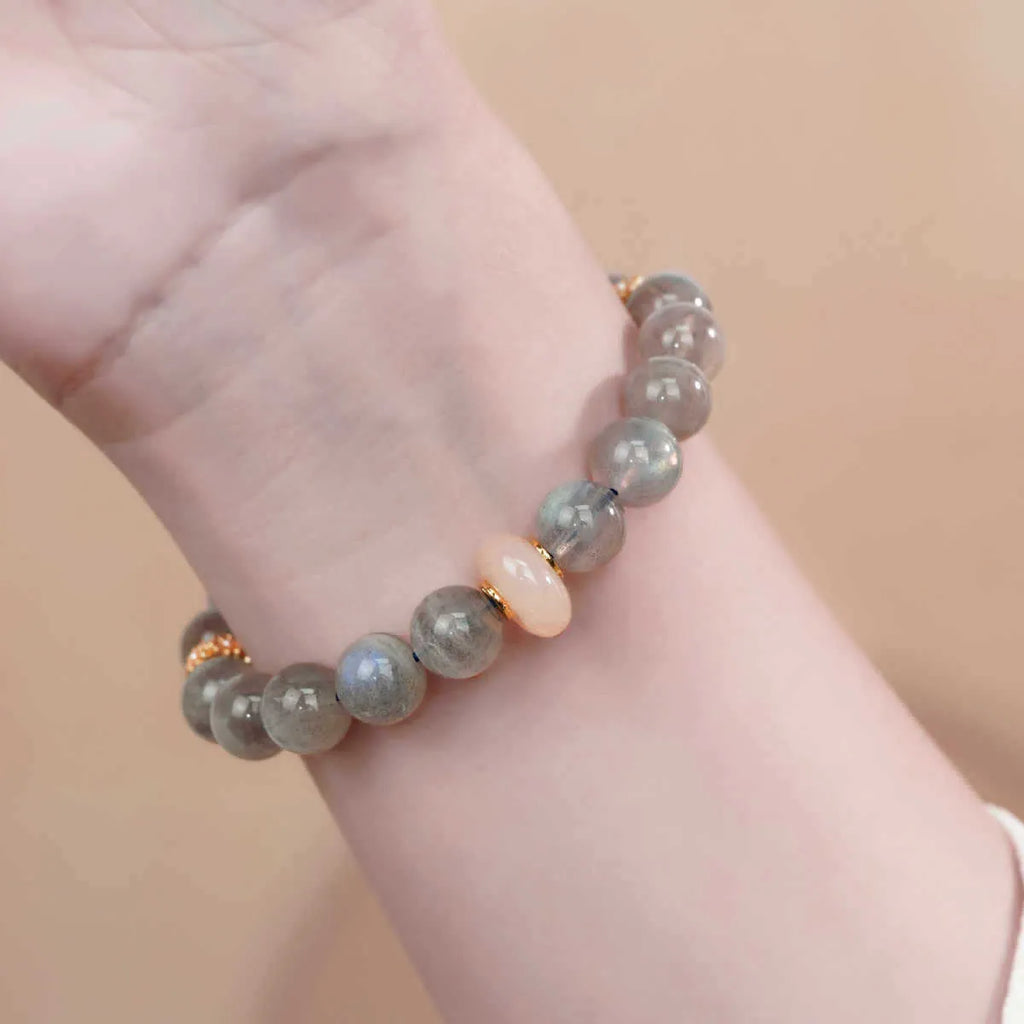 Grey moonstone bracelet for women with 8mm round beads in half-bracelet design