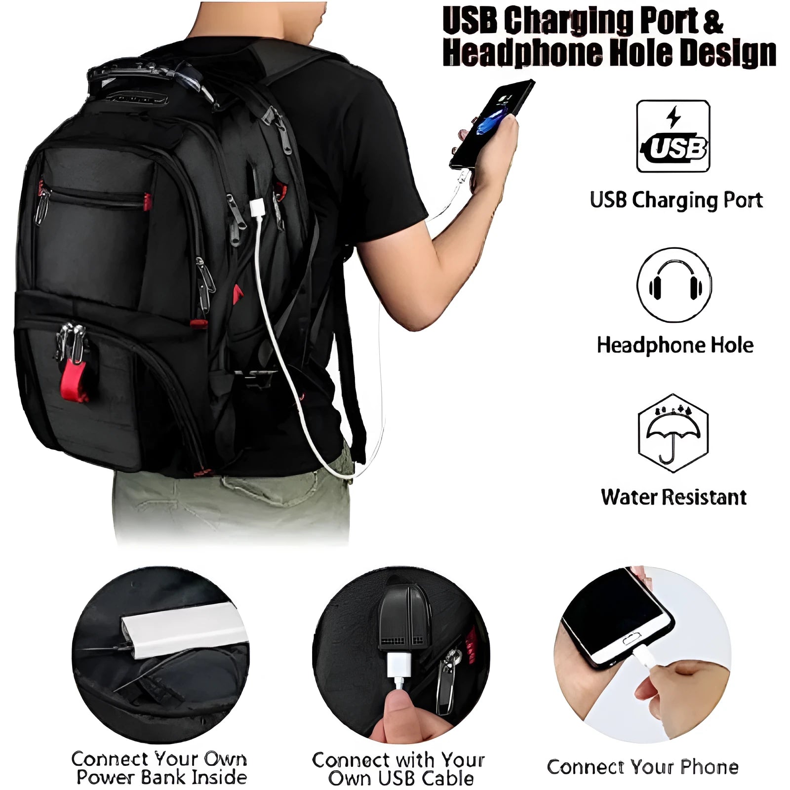 Large unisex USB backpack in black, red, or sky blue, made from waterproof Oxford cloth.