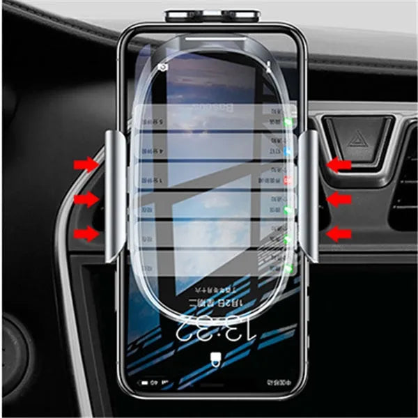 Intelligent touch sensor car phone holder in black, air vent mount, aluminium alloy and glass panel, fitting 4.0-6.5 inch phones.