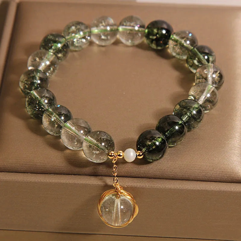 Green phantom quartz crystal bracelet with Japanese Korean style winding transfer beads