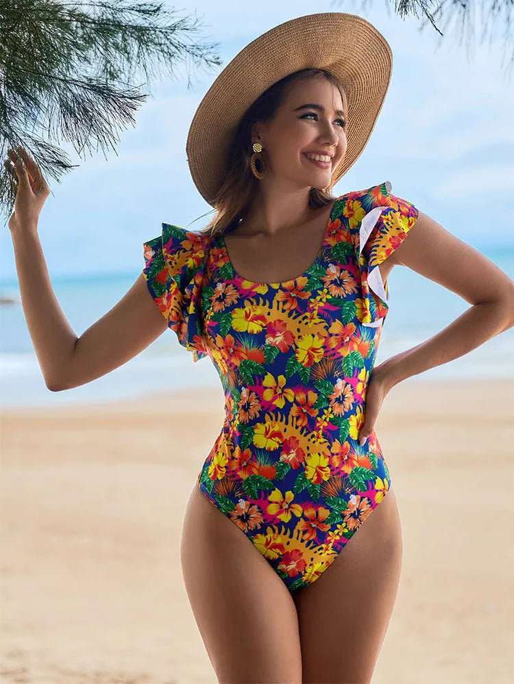 Women's one-piece swimsuit with U-shaped collar and lace detail on polyester fabric.