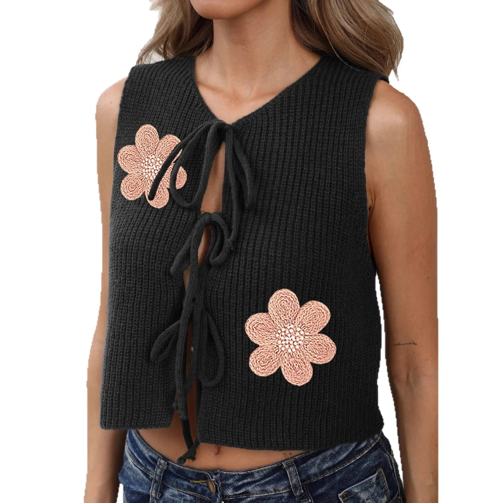 Women's sleeveless lace-up cardigan vest in deer plush fabric with bow detail and apricot flowers