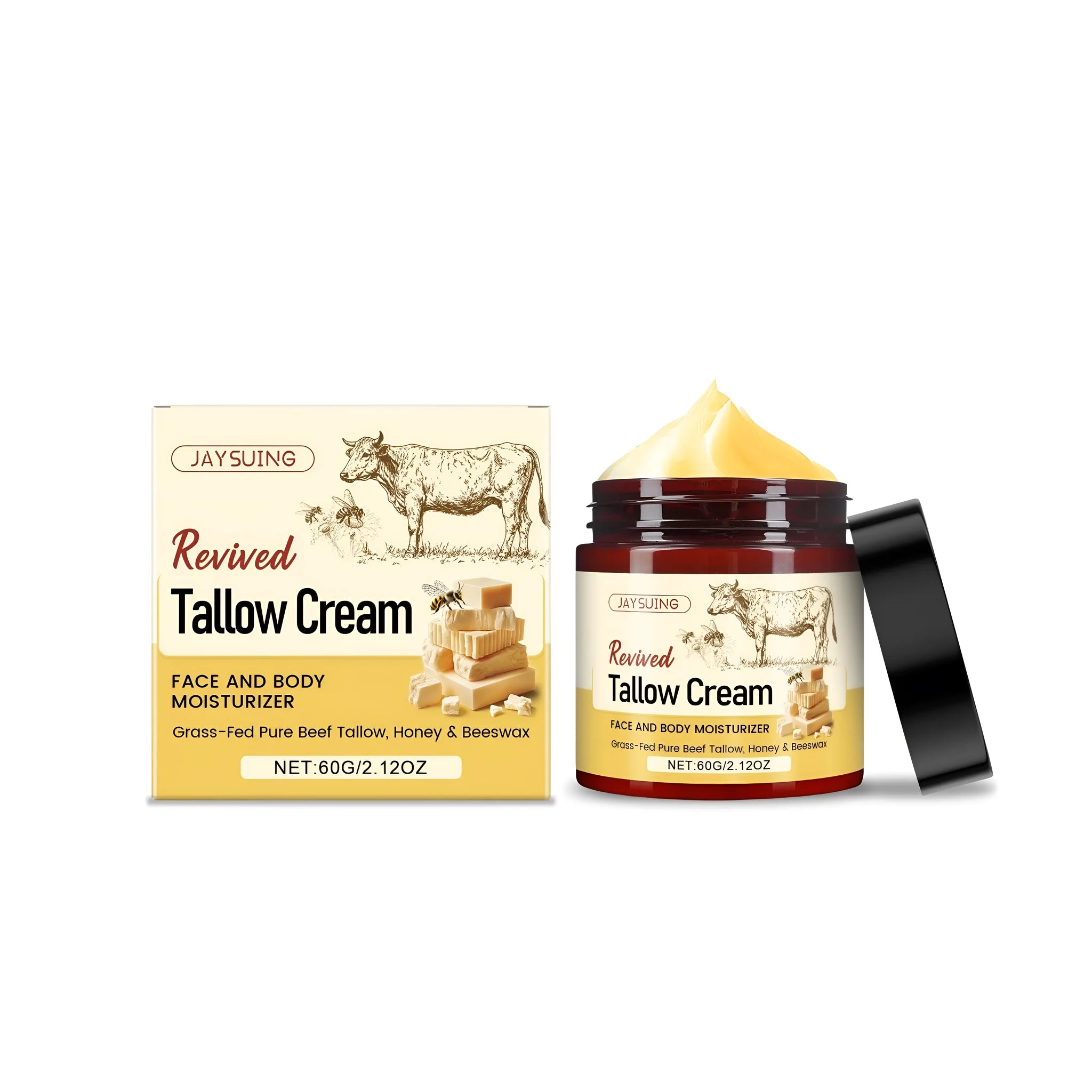 60g jar of tallow moisturising cream with natural ingredients including honey and olive oil
